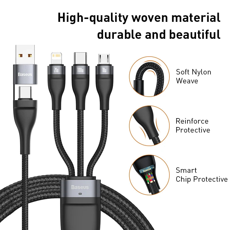 Baseus 3 in 1 USB Type C Cable for iPhone 15 14 13 12 Pro Charger Cable 100W Micro USB Type C Cable for Macbook Samsung Xiaomi