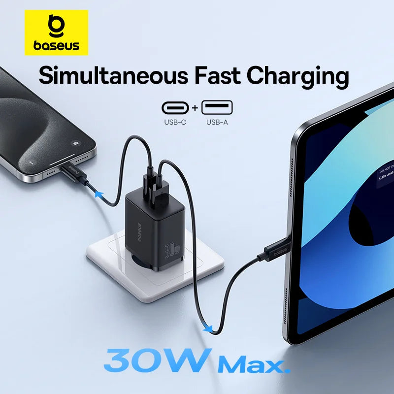 Baseus PD Charger 30W USB Type C Fast Charger QC3.0 USB C Quick Charge 3.0 Dual Port Phone Charge for iPhone 15 14 13 12 Macbook