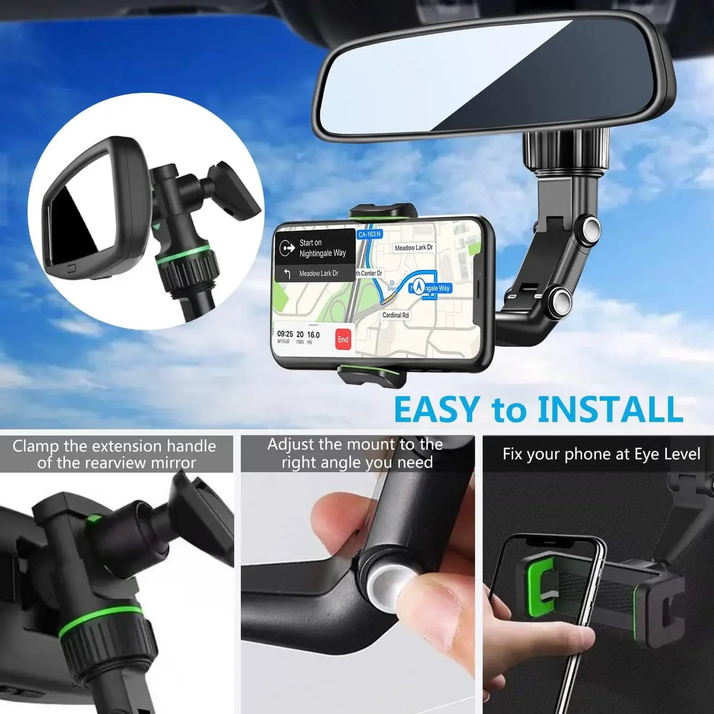 Rearview Mirror Phone Holder, 360° Rotatable and Retractable Car Phone Mount, Multifunctional