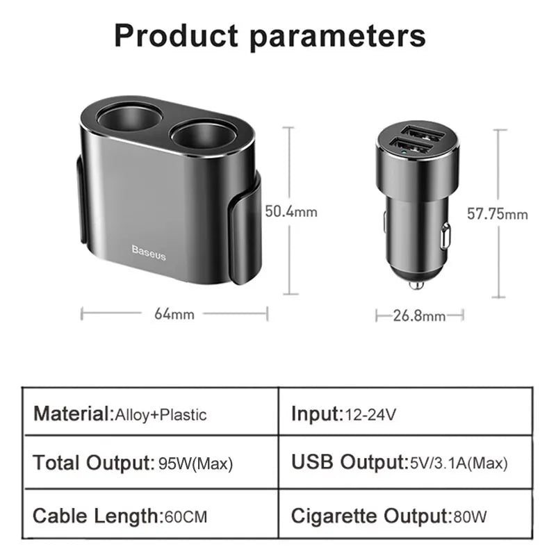 Baseus 3.1A Dual USB Car Charger 2 in 1 Car Cigarette Lighter Splitter 95W Charger Power Adapter for Mobile Phone Charging