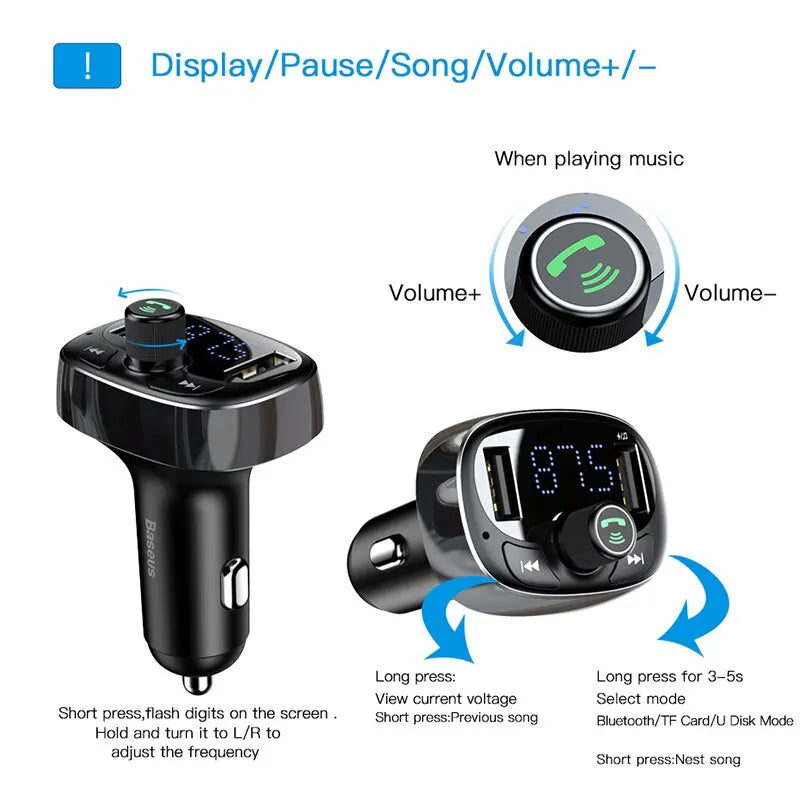 Baseus FM Transmitter Car Hands-free Bluetooth MP3 Modulator Player Dual USB 3.4A Car Charger Audio for Mobile Phone Charger