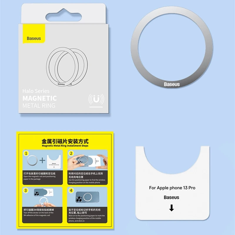 Baseus 2PCS Magnetic Metal Ring for iPhone 15 14 13 12 11 Pro Max Plus MagSafe Magnet for Samsung Xiaomi Wireless Charging Plate