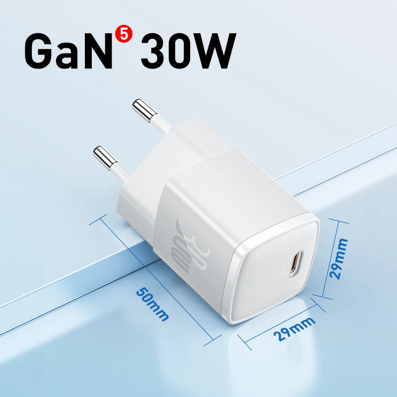 Baseus 30W GaN Charger PD Charger For iPhone 15 14 13 12 11 Xs Max Fast Charger PD3.0 QC3.0 Phone Charger Type C Tablets Charger