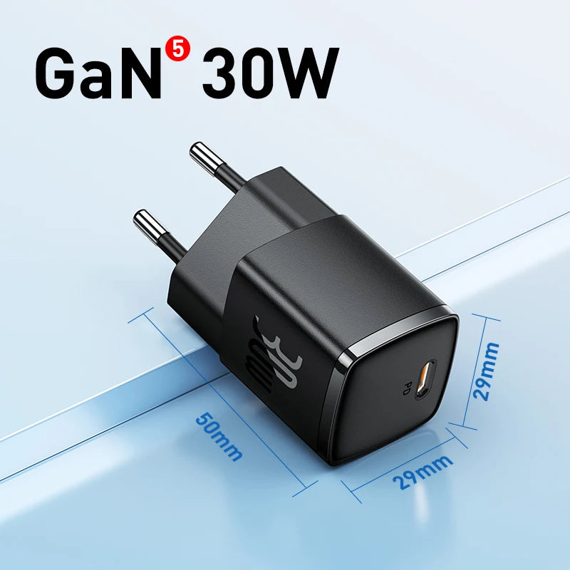 Baseus 30W GaN Charger PD Charger For iPhone 15 14 13 12 11 Xs Max Fast Charger PD3.0 QC3.0 Phone Charger Type C Tablets Charger