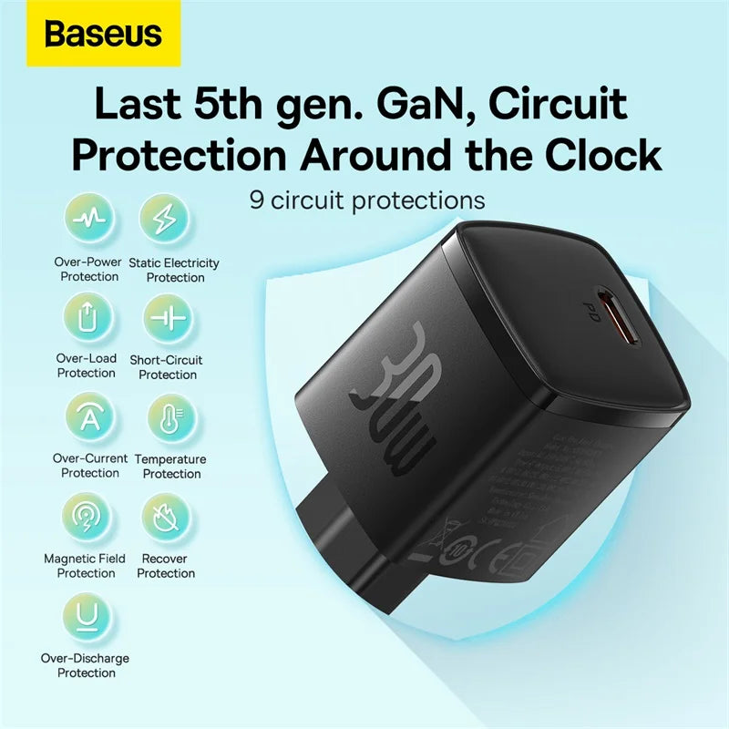 Baseus 30W GaN Charger PD Charger For iPhone 15 14 13 12 11 Xs Max Fast Charger PD3.0 QC3.0 Phone Charger Type C Tablets Charger