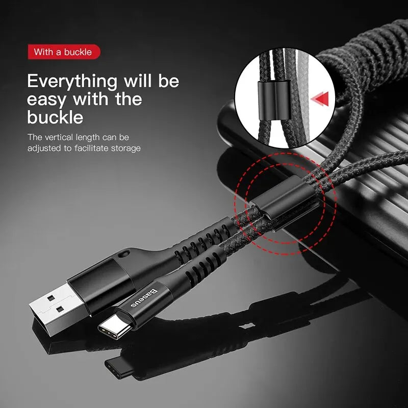 Baseus Fast Charging Type C Cable Spring Telescopic Car Phone Charger USB Cable For Samsung Xiaomi Redmi USB C Cable