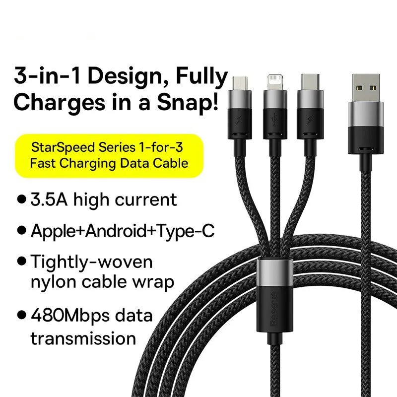 Baseus 3 in 1 USB Cable Micro USB Type C Fast Charger Micro USB Type C Data Cable For IP 14 13 Samsung Xiaomi Huawei