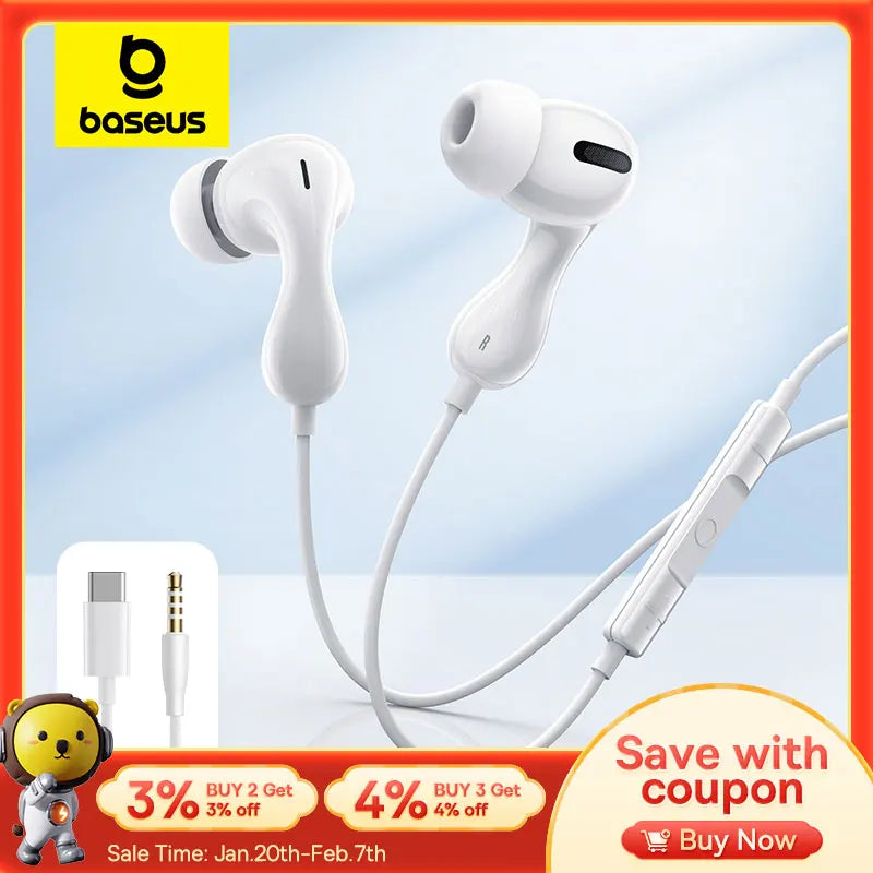 Baseus Encok CZ20/HZ20 Wired Earphone Type-C/3.5mm Jack Hi-Res Audio with Mic Wired Headset For Laptop Computer Tablet Cellphone