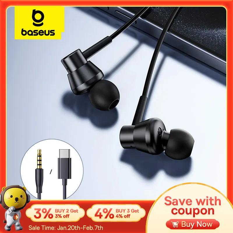 Baseus Encok CZ11/HZ11 Wired Earphones Type-C/3.5mm Jack Wired Headphones With Mic 120°Angle For Laptop Computer Tablet Phone