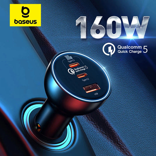 Baseus 160W Car Charger QC 5.0 Fast Quick Charging PPS PD3.0 USB Type C Car Phone Charge For iPhone 13 14 15 Pro Laptops Tablets