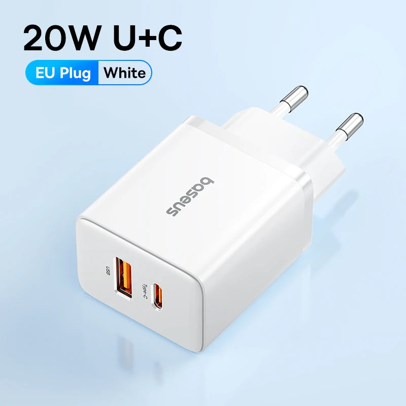 Baseus 20W PD Charger Quick Charge USB Type C Charger for iPhone 16 15 14 13 12 11 Xiaomi Earphones Phone Charger Fast Charger