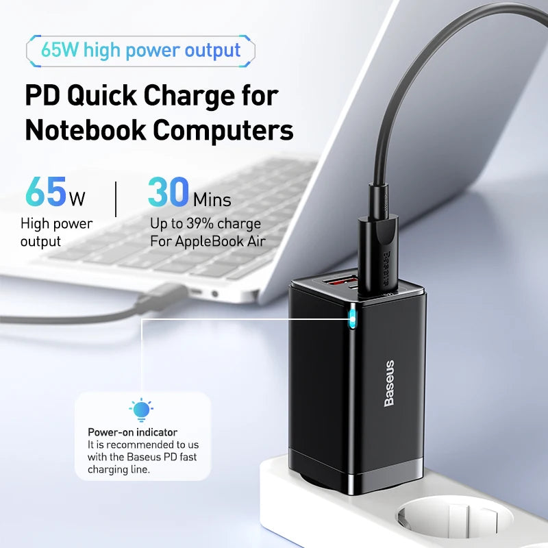 Baseus 65W GaN Charger Quick Charge 4.0 3.0 Type C PD USB Charger with QC 4.0 Portable Fast Charger For Laptop iPhone 15 14 13